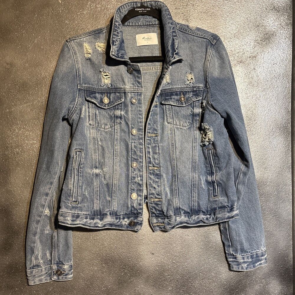Kancan Distressed Faded Denim Jean Jacket Women's L Fall Fashion Grunge Chic